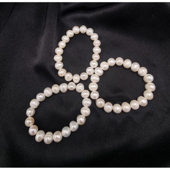 Freshwater Pearl Stretch Bracelets Set Of 3 Elegant White Beaded Jewelry For Wom - Picture 3 of 6